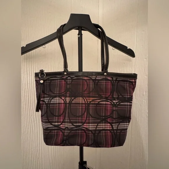 COACH Plaid Tote with Black Medallion - Black, Pink, Gray - Picture 6 of 12